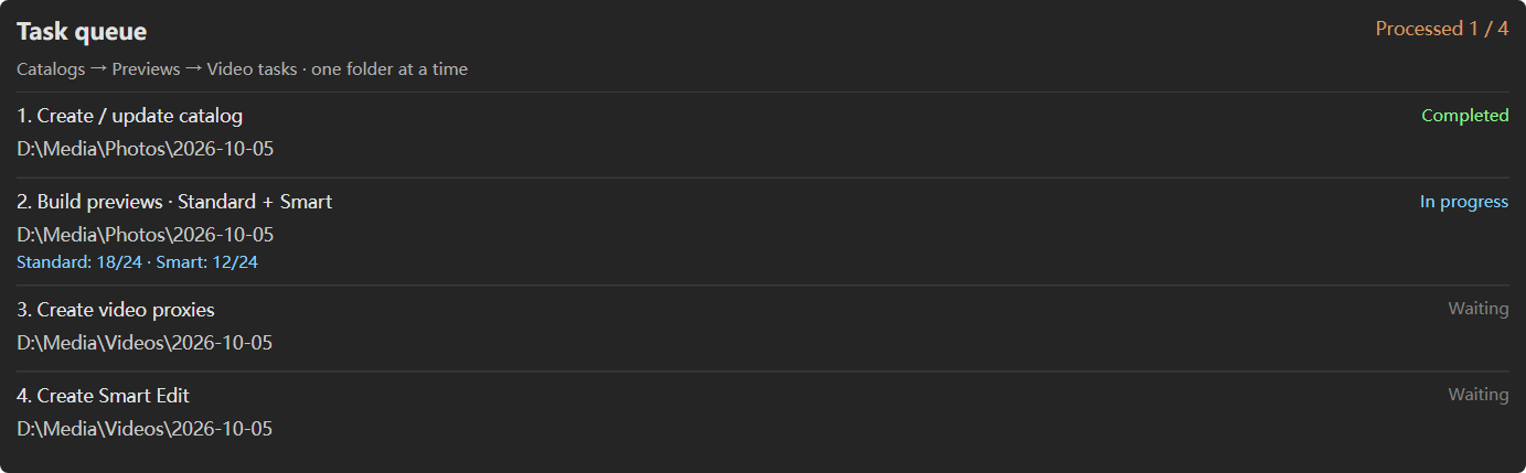 Demonstration task queue from an earlier interface. Check current task labels and status in your installed app. Folder paths and counts are fictional.