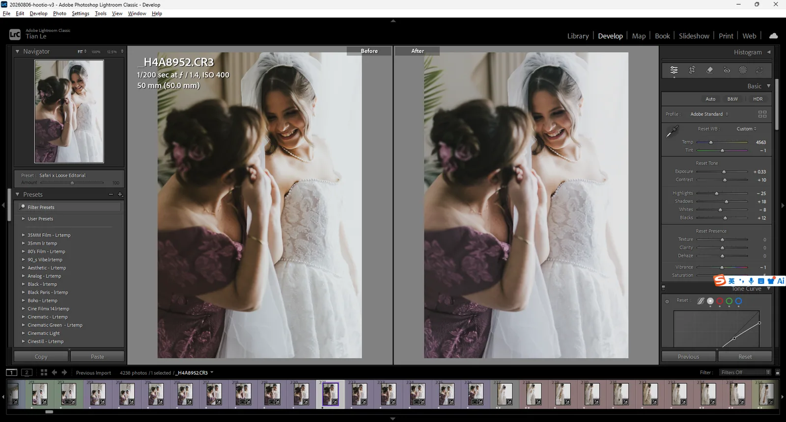 Before and after PhotoBot exposure and white balance adjustments in Lightroom Classic